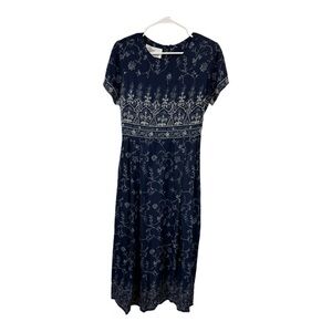 Vintage Sarah Elizabeth Size 6 Blue Floral Beaded Midi Dress Tie Back Rayon